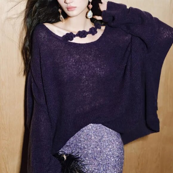 Midnight Plum Purple Oversized Hand-Knit Sweater Pullover - Picture 4 of 8